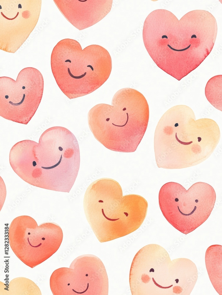 Fototapete colorful watercolor hearts with smiling faces in a cheerful and playful pattern displayed on a light
