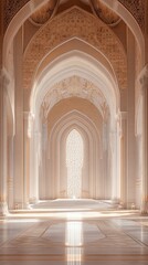 Obraz premium Interior architectural scene with symmetrical arched pathways, ornate details, and warm lighting. Elegant design features textures in light tones with golden accents. 