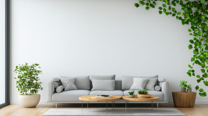 Modern living room with greenery, featuring cozy sofa and wooden tables