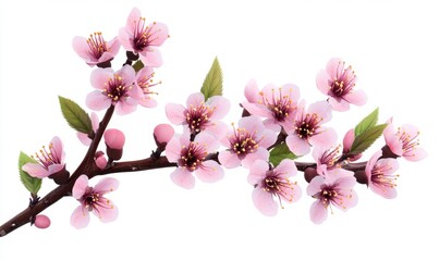 Fototapeta premium A delicate branch of pink cherry blossoms with buds against a white background, symbolizing spring