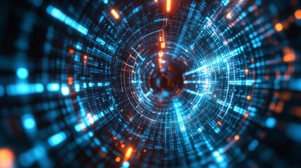 Obraz premium Abstract Futuristic Tunnel Background in Blue and Orange Glowing Light