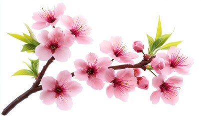 A delicate branch of pink cherry blossoms in full bloom against a white background, symbolizing spring