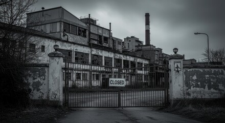 Abandoned factory with a closed sign, symbolizing economic downturn and decay