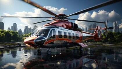 A helicopter landing on a helipad in a metropolitan area