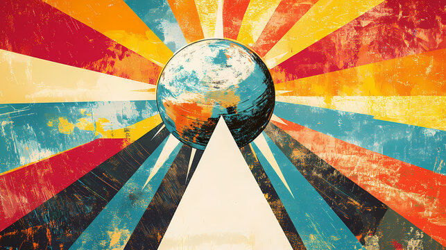 Global Horizon: An artistic illustration depicts the Earth at the center, radiating colorful stripes that evoke a sense of unity, optimism, and forward motion towards a promising horizon. 