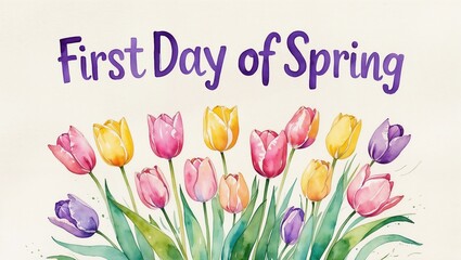 First Day of Spring,  Watercolor Card with Tulips