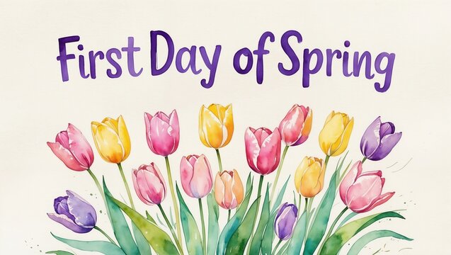 First Day of Spring,  Watercolor Card with Tulips