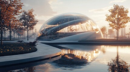 Obraz premium Futuristic dome structure in a tranquil park at sunrise, reflecting in calm water.
