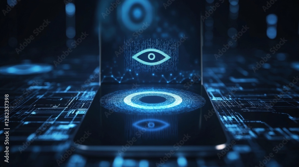 Poster cyber security system is using eye scanning technology to protect smartphone from unauthorized acces