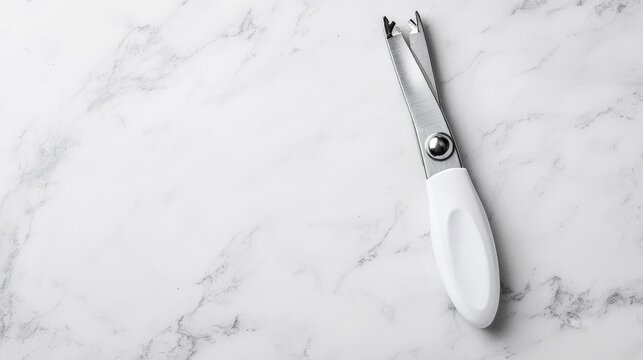 White strawberry huller tool lying on a bright white marble kitchen countertop.