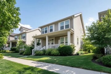 Residential street with similar houses and front yard lawns in a suburban development