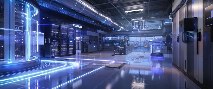 Quantum encryption key generation facility secure server rooms with glowing light trails advanced cooling systems create a sci-fi interior.