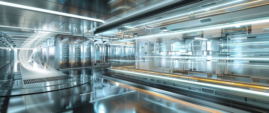 Quantum encryption facility secure server room with light trails advanced cooling systems futuristic sci-fi interior.