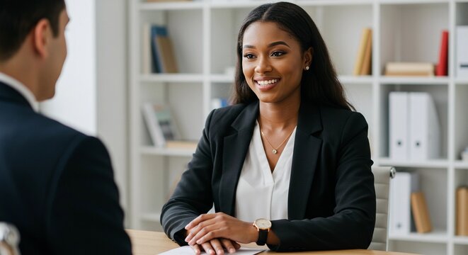 A professional black woman in a business suit, smiling confidently during a job interview