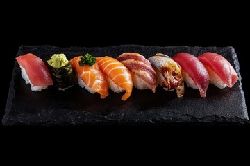 Assorted sushi nigiri platter, dark background, restaurant menu