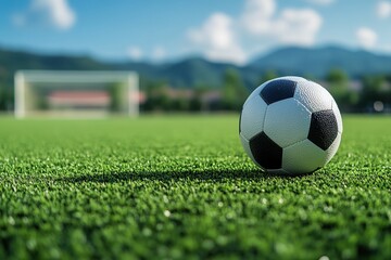 Close-up of a soccer ball resting on a green field with open space surrounding 