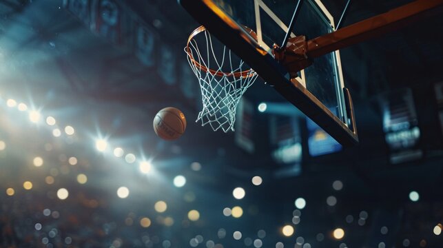 A basketball is in the air and is about to go through the net