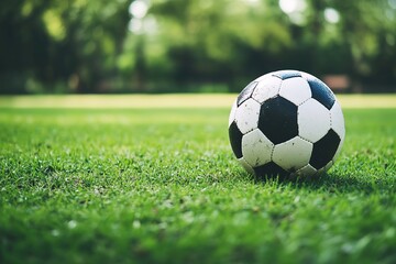 Fototapeta premium Close-up of a soccer ball resting on a green field with open space surrounding it 