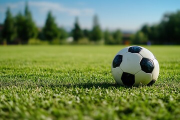Fototapeta premium Close-up of a soccer ball resting on a green field with open space surrounding it 