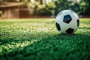 Close-up of a soccer ball resting on a green field with open space surrounding it