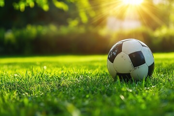 Close-up of a soccer ball resting on a green field with open space surrounding it for text overlay.