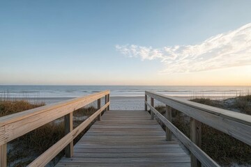 Obraz premium Wooden boardwalk leading to tropical beach at sunrise
