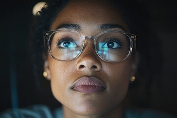 Focused black female programmer working late at night on computer code