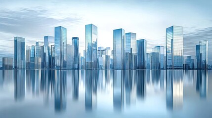Fototapeta premium Modern city skyline reflected in calm water.