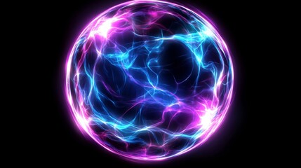Glowing Sphere with Pink and Blue Electric Energy Flows on Dark Background