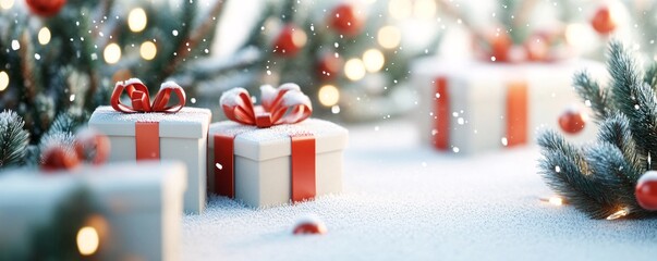 Christmas presents lying on snow under christmas tree with falling snow and lights