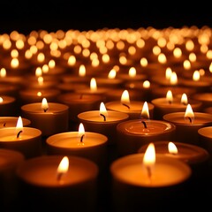 Glowing tea lights, dark background, remembrance, vigil