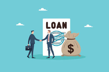 Sealing the Deal, Businessman Shaking Hands Over a Loan Agreement with a Money Bag