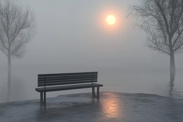 Empty park bench in a frosty landscape, symbolizing reflection and space for personal messages