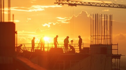 A group of construction workers are on a building