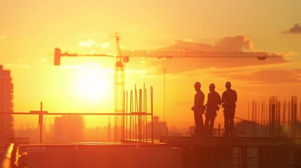 Three men are standing on a construction site