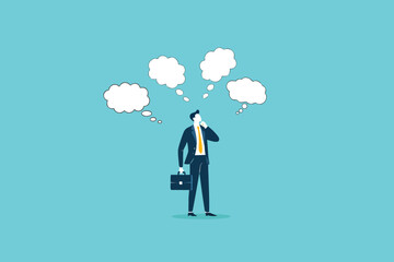 Strategic Contemplation, Businessman Surrounded by Multiple Thinking Bubbles