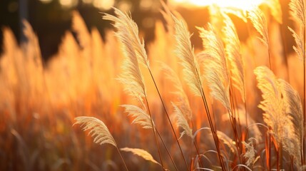 Golden hour illuminates ornamental grasses in a dreamy autumn landscape