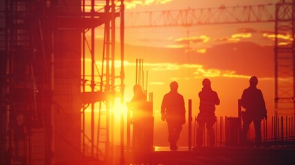 Fototapeta premium A group of construction workers are walking on a scaffold