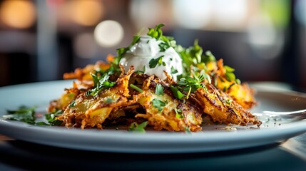 A Stunning Presentation of Crispy Potato Latkes with Sour Cream and Fresh Herb Garnish