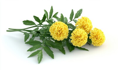 A vibrant bouquet of yellow marigold flowers arranged with lush green leaves on a white background