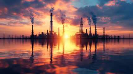 Naklejka premium Stunning Industrial Sunset Over Oil Refineries and Calm Water Surface