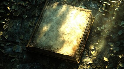 Antique book on the ground, amidst leaves  sun rays illuminate pages. Study material © mlangsen