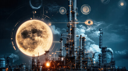 Nighttime Industrial Landscape with Moon and Digital Elements
