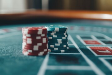 Naklejka premium Casino roulette table with red and blue gambling chips stacked high