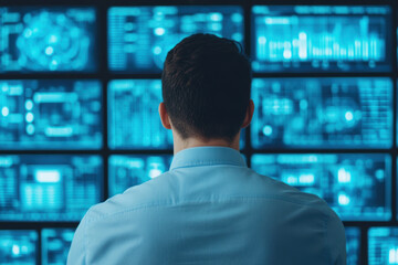 A man is looking at a computer screen with many blue screens