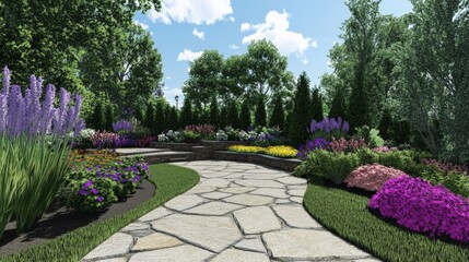 Obraz premium Newly Designed Outdoor Landscape with Stone Pathway