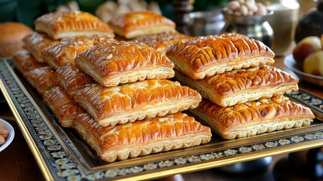 Golden-brown pastries arranged on an ornate tray.