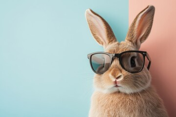 Adorable rabbit wearing sunglasses posing on colorful background