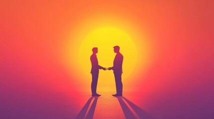 Fototapeta premium Two silhouettes sealing a business deal at sunset in an abstract representation of partnership and success. Generative AI