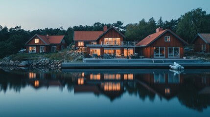 Fototapeta premium Waterfront luxury homes illuminated at dusk, reflecting in calm water.